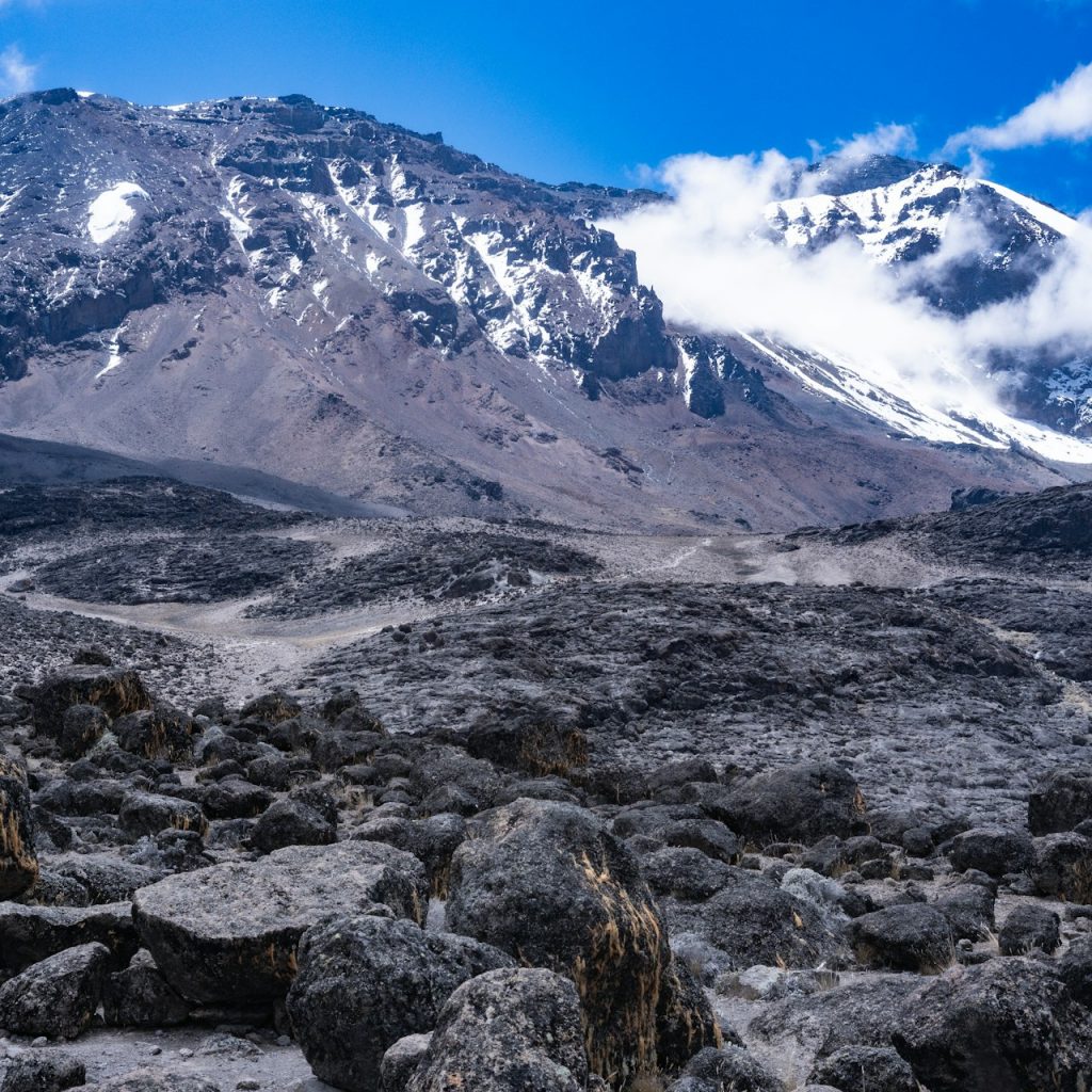 Close up view of Kibo Cone on Kilimanjaro with snow on summit, Tanzania