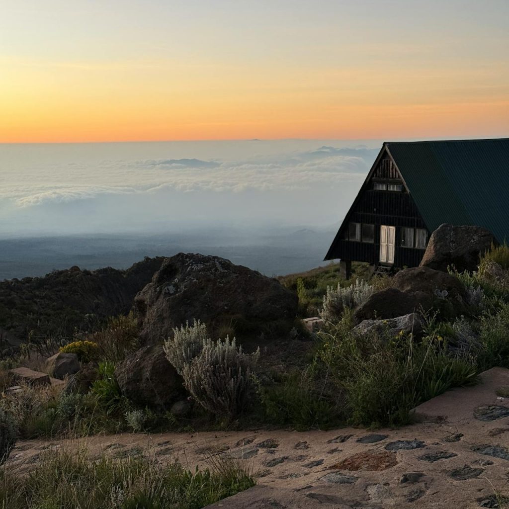 Marangu route hut at sunrise, climbing Mount Kilimanjaro