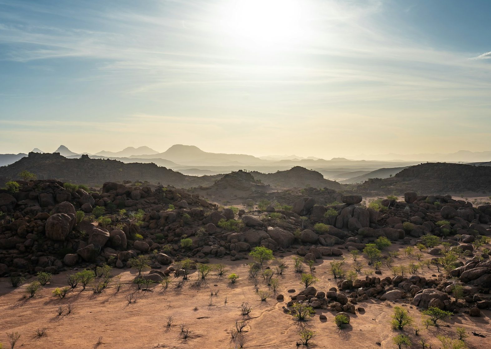 Sunset view over the intense hot & dry February heat of Damaraland, Namibia.