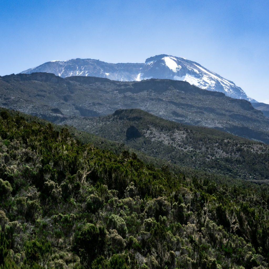 View of Uhuru Peak from down below, climbing Mount Kilimanjaro