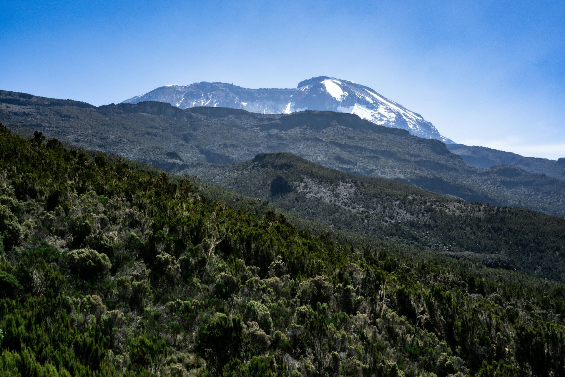 View of Uhuru Peak from down below, climbing Mount Kilimanjaro