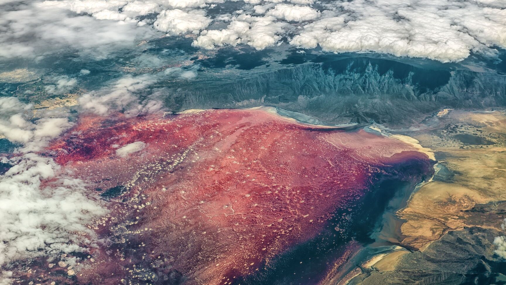 Aerial view of red Lake Natron, Tanzania safari