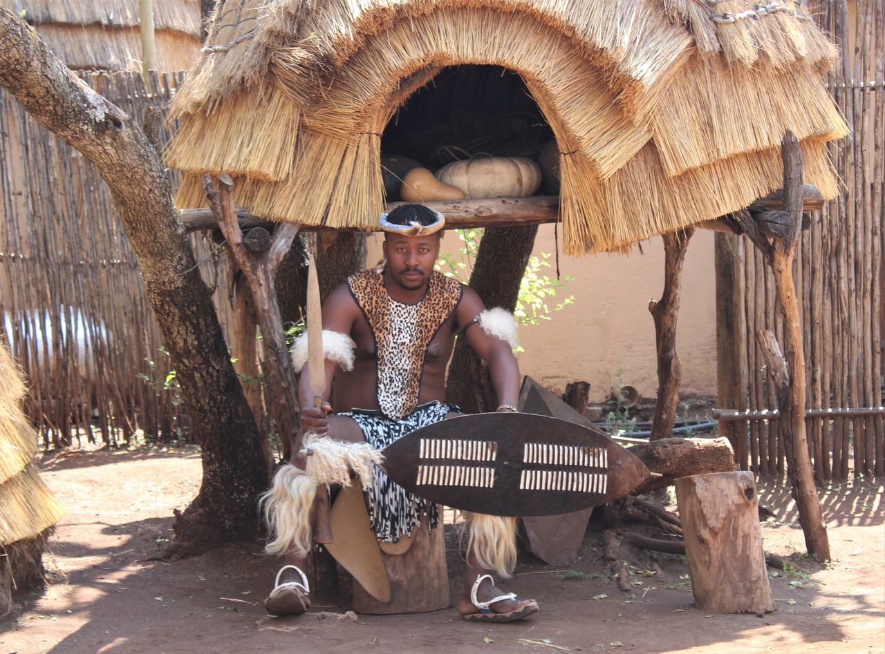 Zulu man in traditional dress with shield Zulu man in traditional dress with shield