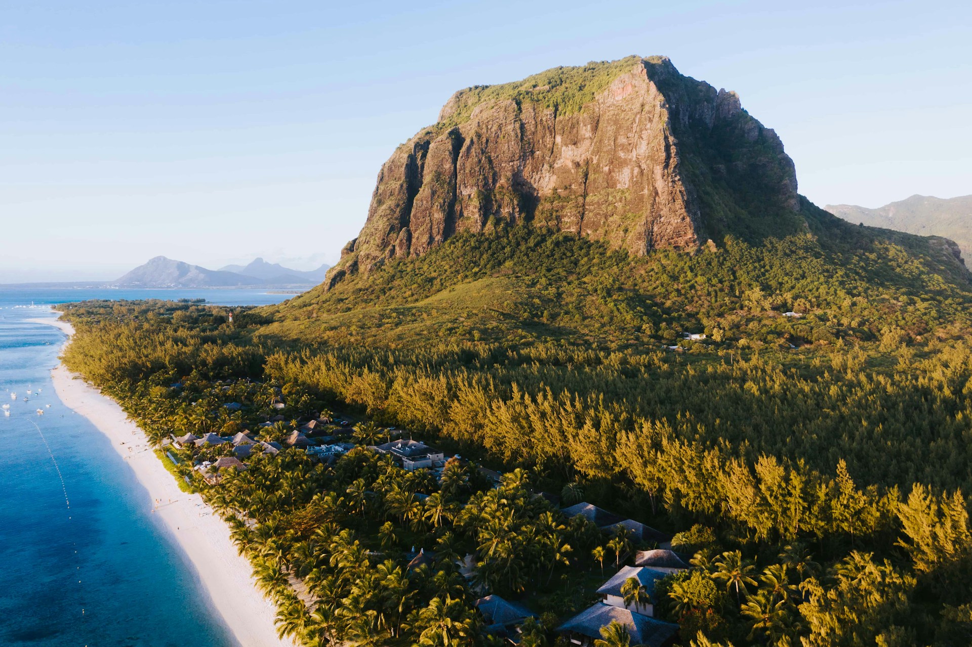 Aerial view of Mauritius mountain. beach,and resort