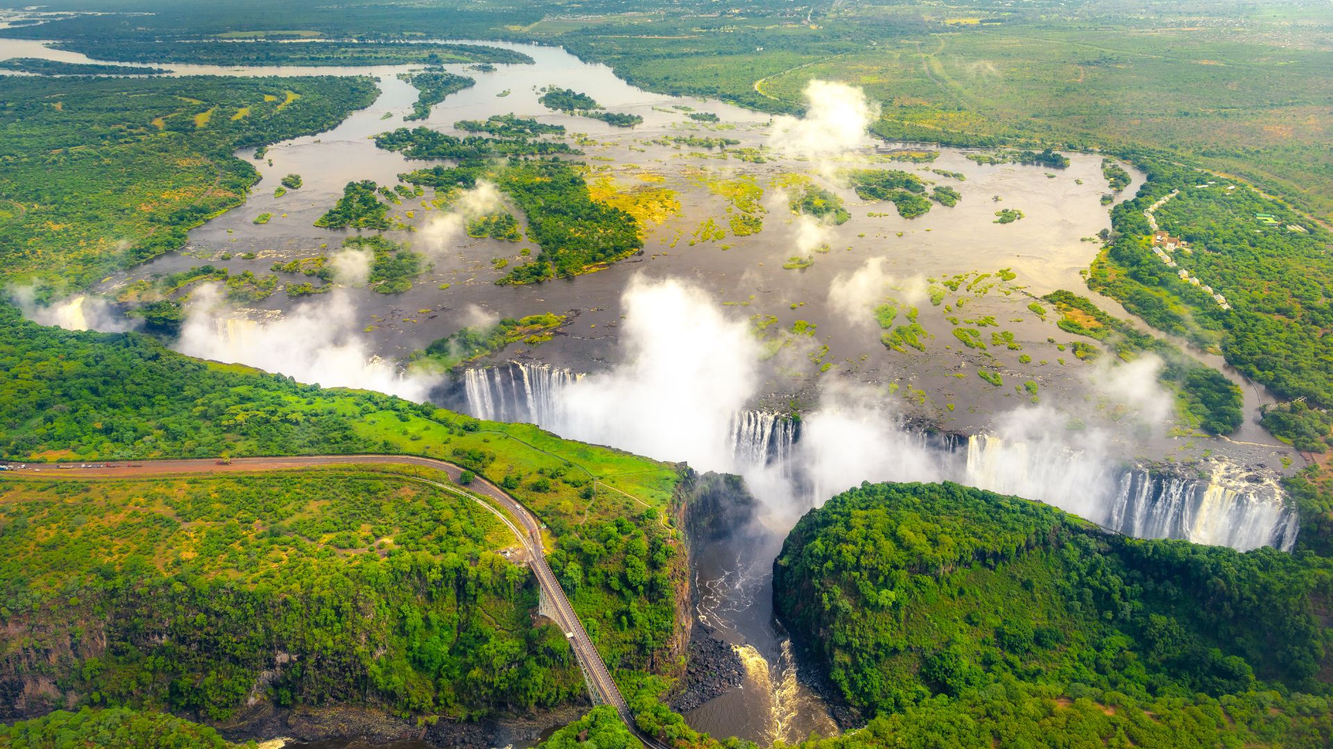 Aerial view of Zambezi River and Victoria Falls