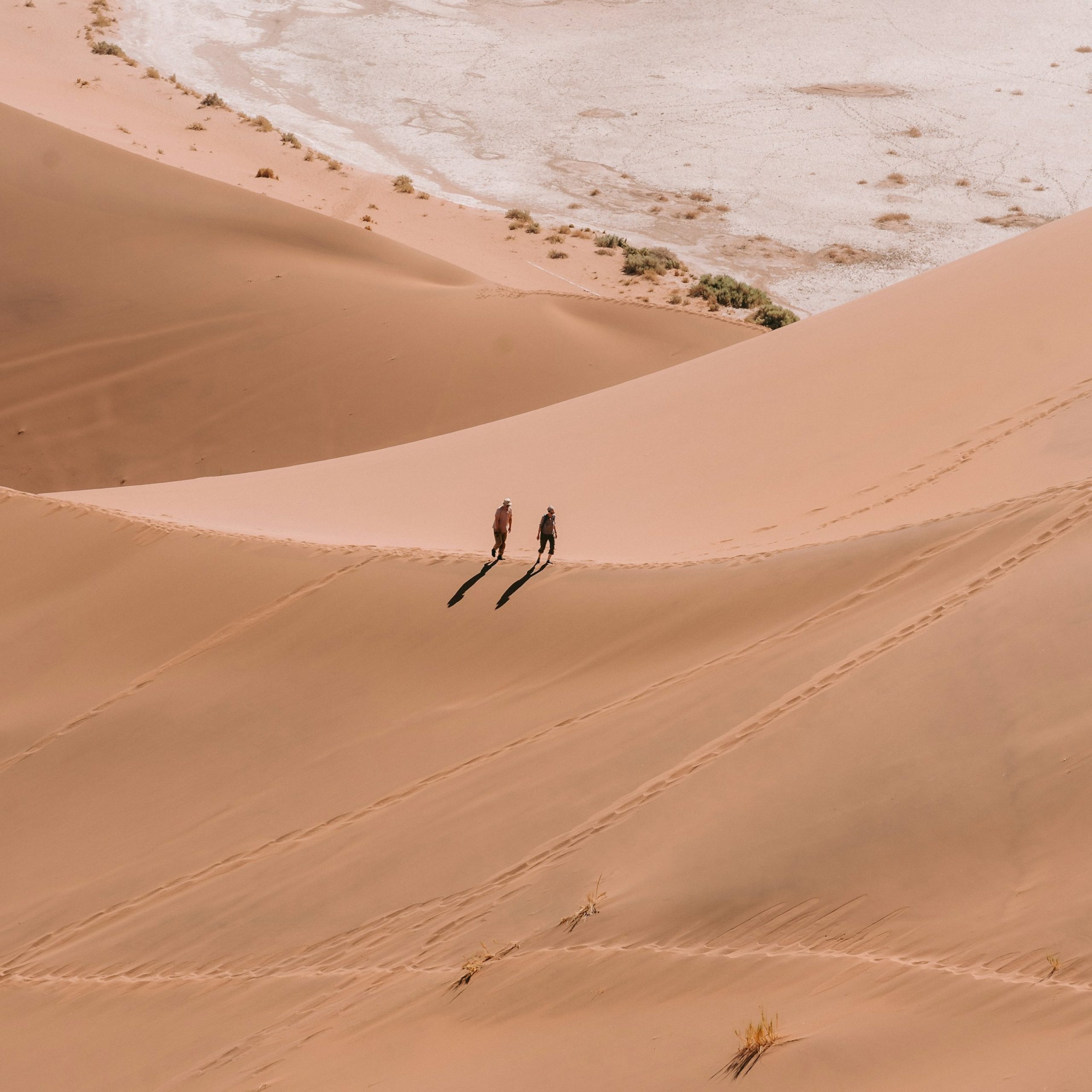 Tiny figures walking along ridge of red sand dune in Soussousvlei, Namibia