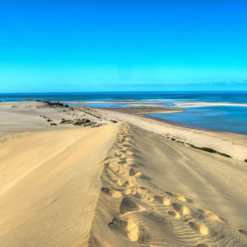 Footprints on sand dune on isolated island in Bazaruto Archipelago, southern Mozambique