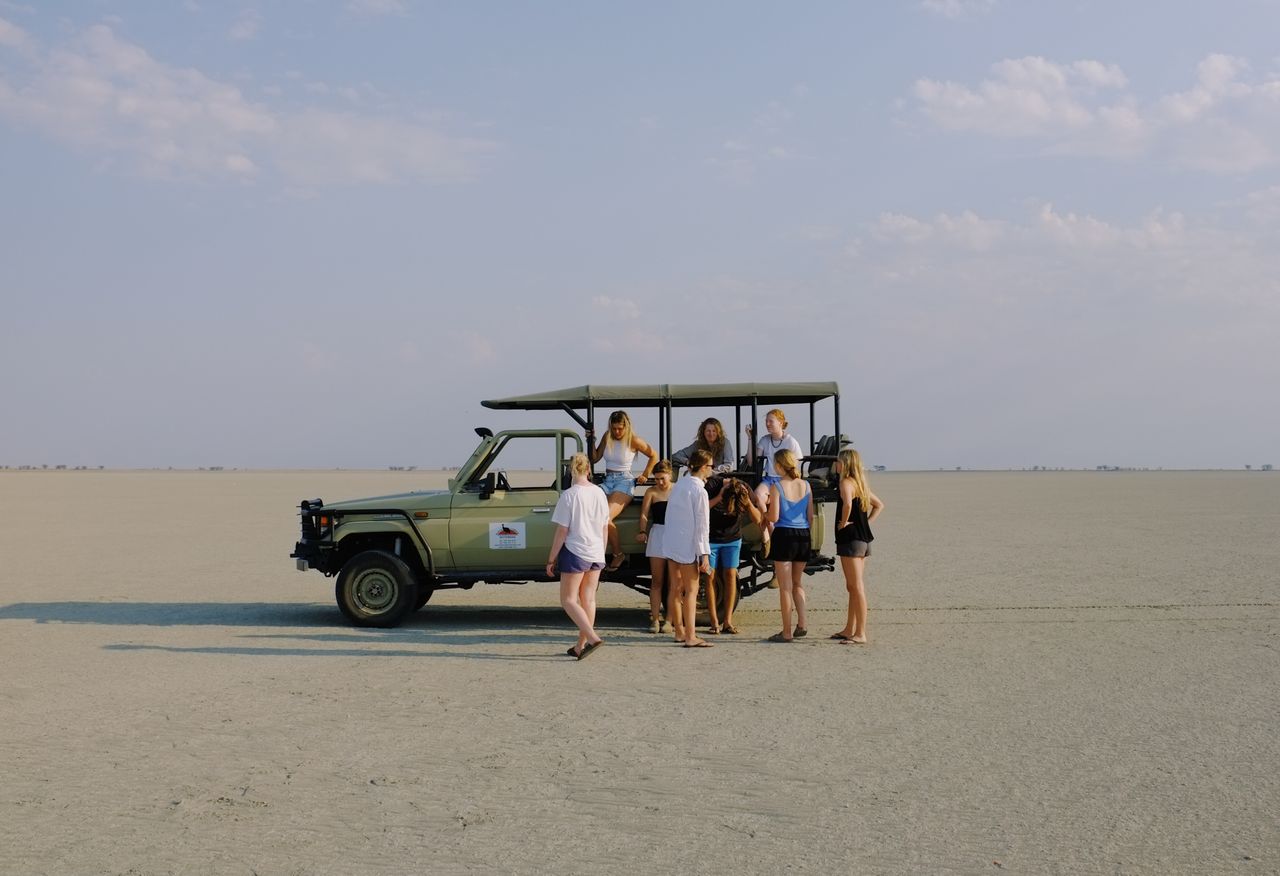 Women in open-sided safari vehicle on Makgaikgadi Pan, Botswana facts