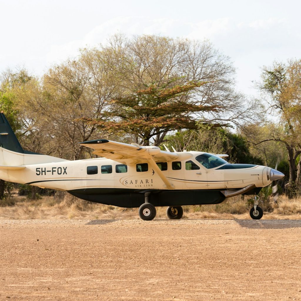 Small plane on Mtemere Airstrip, Kwangwazi, Nyerere NP, Tanzania