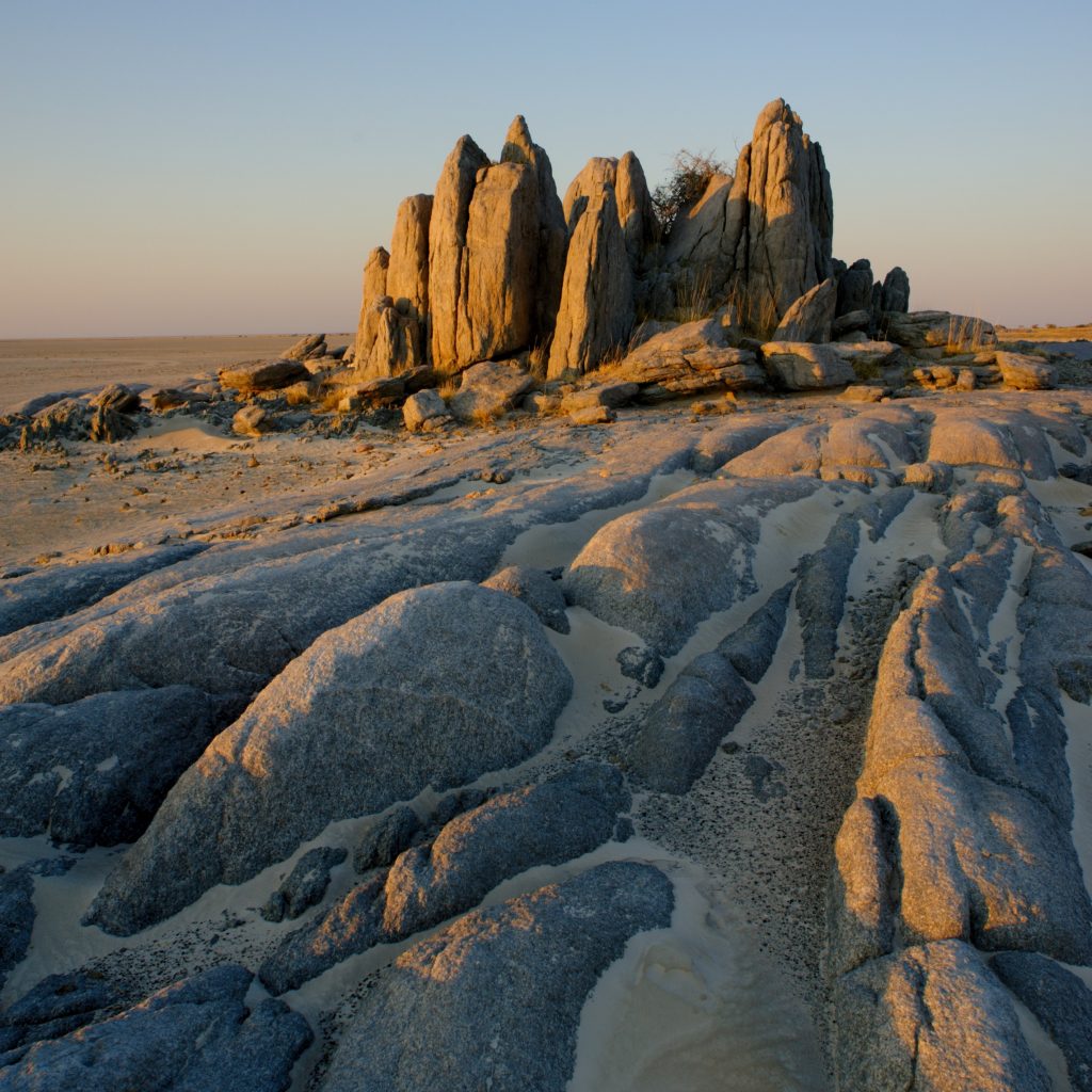 Cluster of towering rock on Kubu Island, Makgadikgadi Pans, Botswana