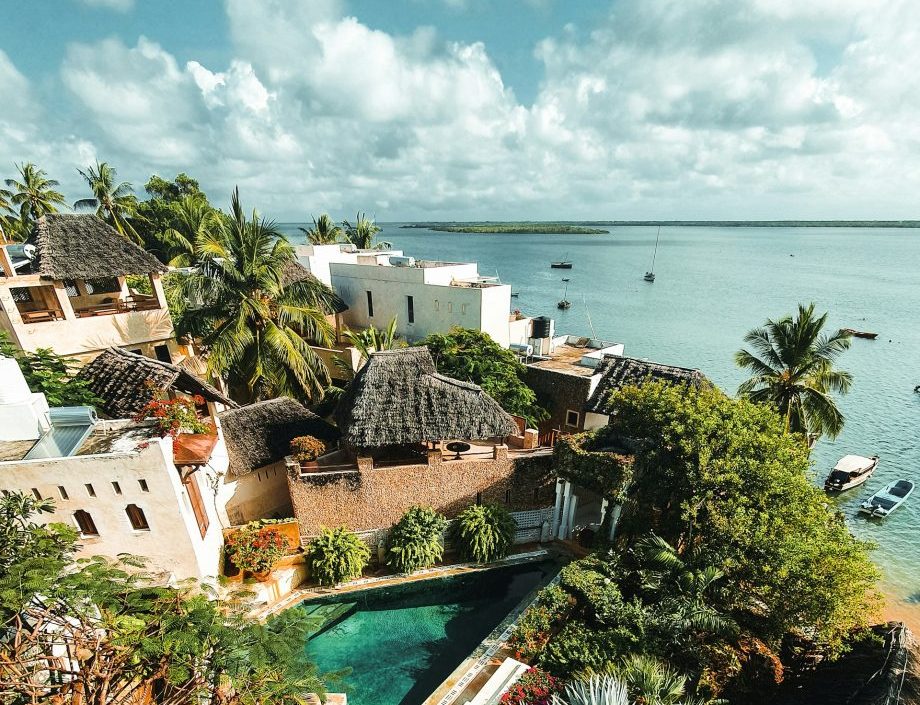 Section of Lamu historic town by ocean, Kenya