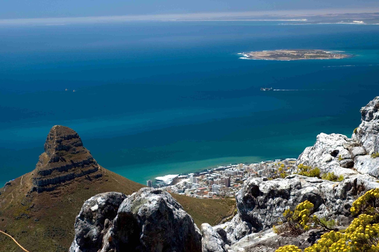 View from atop Table Mountain of Lions' Head and Robben Island in Table Bay, Cape Town