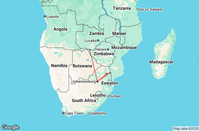 9 Day Johannesburg to Victoria Falls Tour Map