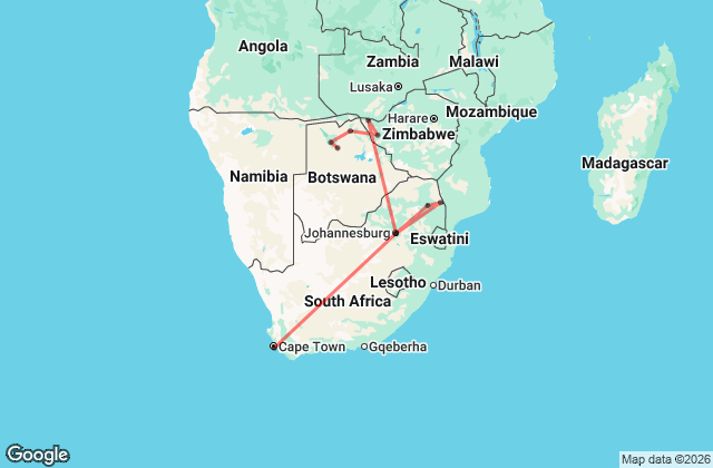 21 Day Southern Africa Tour – Cape Town to Maun Map