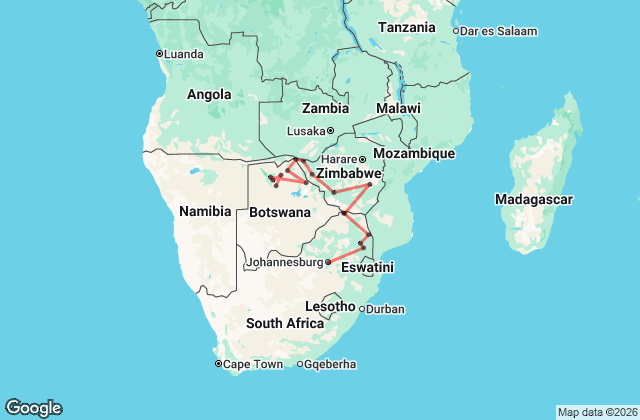 19 Day Okavango, Chobe and Kruger Tour Map