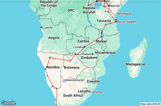 57 Day Nairobi to Cape Town Tour Map