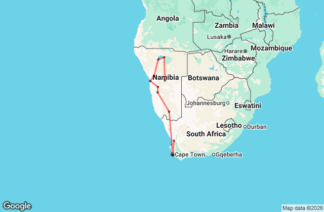 11 Day Cape Town to Windhoek Tour Map Image