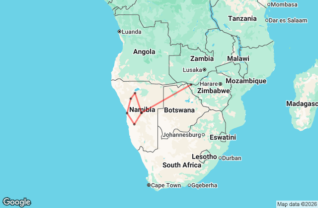 12 Day Windhoek to Victoria Falls Tour Map