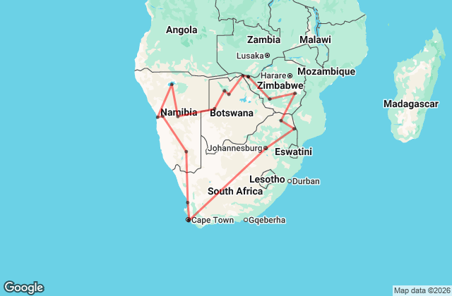 30 Day Southern Africa Highlights: Cape Town to Cape Town Adventure Map