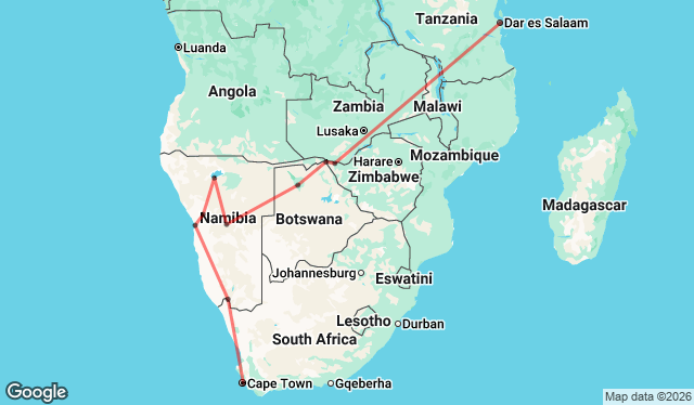 35 Day Cape Town to Zanzibar Tour Map