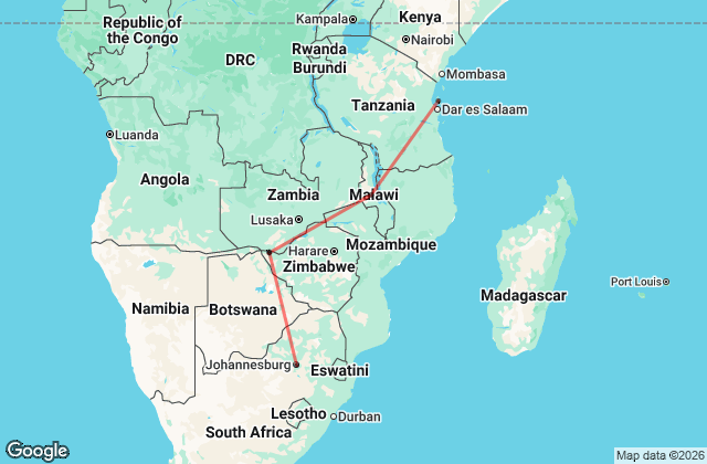 23 Day South African to Tanzania Tour Map