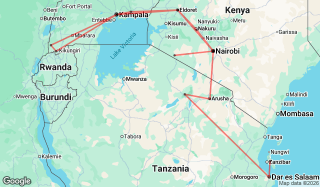 28 Day Gorillas, Parks & Beach Trek Tour Map