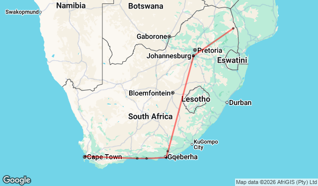 16 Day Best of Kruger & Garden Route Tour Map
