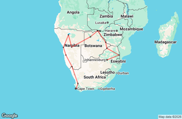 25 Day Cape to Vic Falls & Kruger Tour Map Image