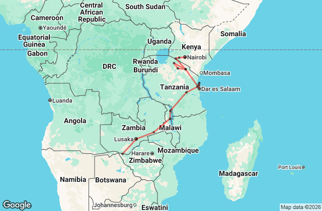 24 Day Nairobi to Livingstone Tour Map