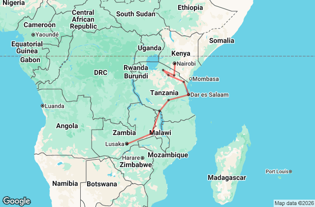 22 Day Nairobi to Livingstone Tour Map