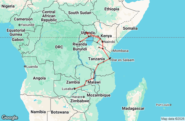37 Day Nairobi to Livingstone and Gorillas Journey Map