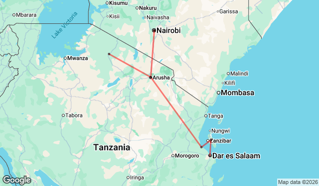 10 Day Highlights of Tanzania Camping Tour Map Image