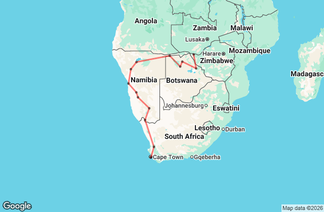 20 Day Victoria Falls to Cape Town Overland Map