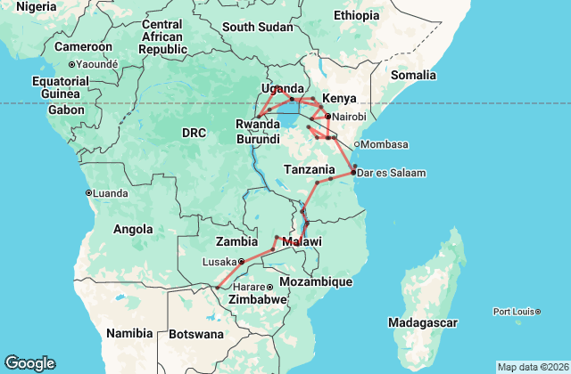 37 Day Livingstone to Gorillas Expedition Map