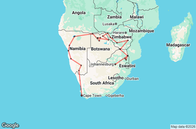 31 Day Cape Town to Johannesburg via Zimbabwe Safari Tour Map