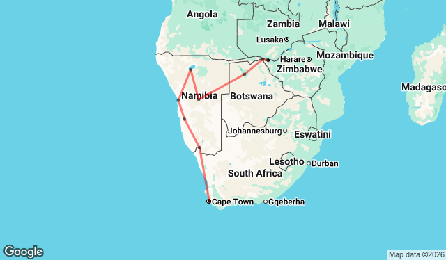 19 Day Cape Town to Livingstone Overland Tour Map Image