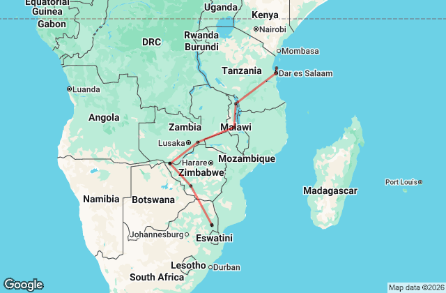 23 Day South Africa to Tanzania Tour Map