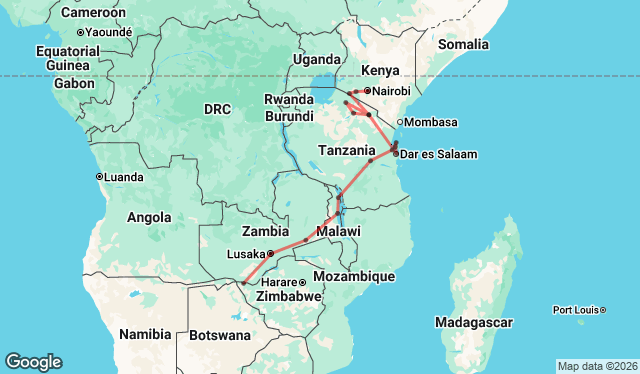 24 Day Nairobi to Livingstone Overland Map Image