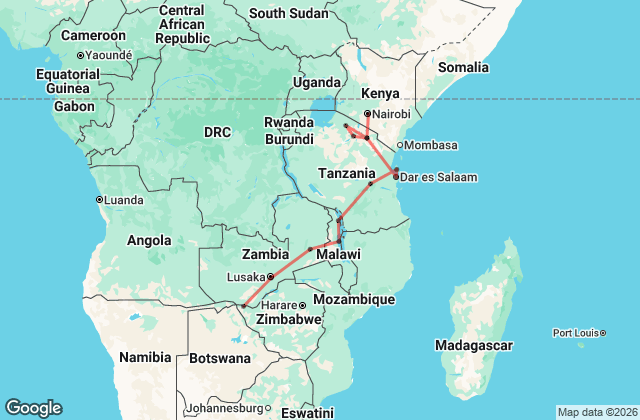 21 Day South Eastern Adventure – Nairobi to Livingstone Overland Map