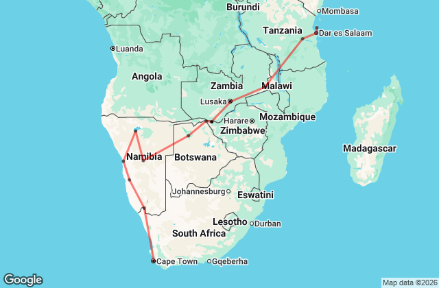 34 day Zanzibar to Cape Town Adventure Tour Map