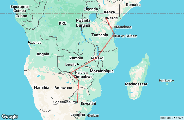 29 Day South Africa to Kenya Overland Map