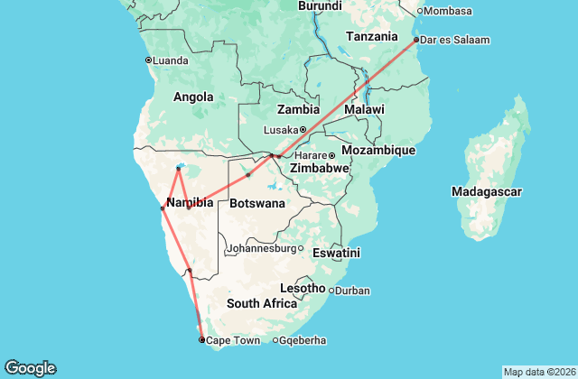 35 Day Cape Town to Zanzibar Overland Adventure Map