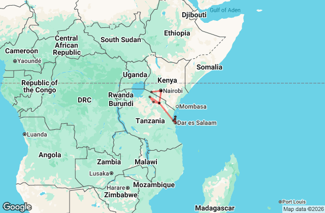 13 Day East Africa Game Parks and Zanzibar Safari Map