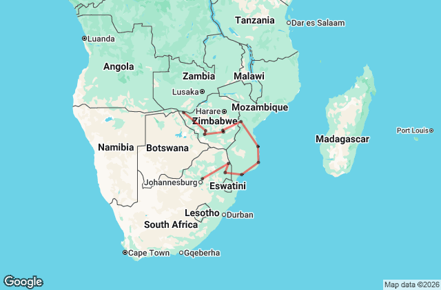 14 Day Mozambique and Zimbabwe Game Parks Safari Map