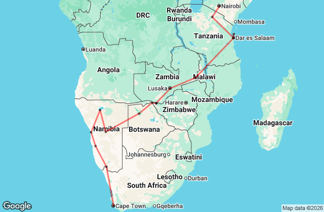 41 Day Cape Town to Kenya Epic Adventure Tour Map
