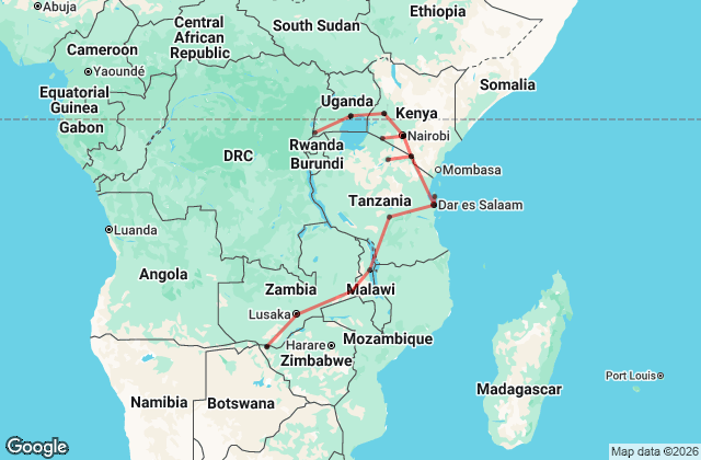 39 Days Nairobi to Livingstone and Gorillas Tour Map