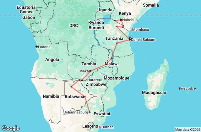 46 Day Nairobi to Kruger and Gorillas Adventure Map