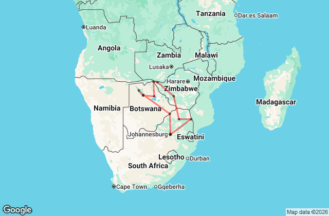 14 Day Southern Africa Safari Map