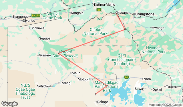 8 Day Botswana Premier Wildlife and Culture Private Tour Map