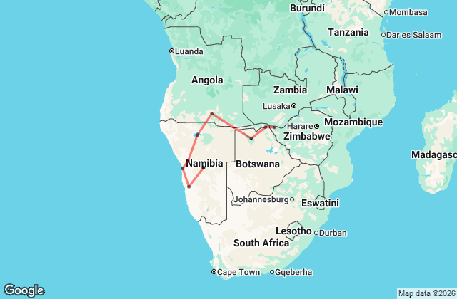 14 Day Namibia and Botswana Fully Serviced Tour Map